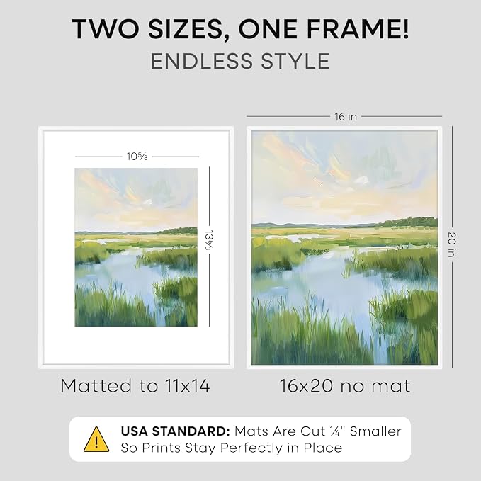 Homeforia 16 x 20 Picture Frame White, High End Metal 11x14 Matted for 16x20 Frame, 16 x 20 White Poster Frame with Mat 11 x 14 inch Photo, 20x16 Thin Hanging Frame, Tempered Glass, Wall Kit, Set of 2