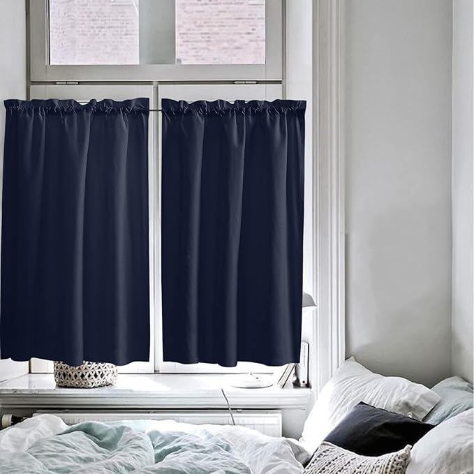 45 Inch Long Tier Curtains for Kitchen, Solid Color Dark Blue Bathroom Window Curtains Rod Pocket Short Curtains Window Treatment Tiers for Living Room Farmhouse 2 Panels