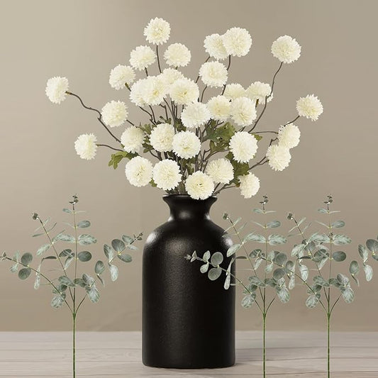 DuHouse Faux Flowers for Vase Kiku 8 Stems & 3 Eucalyptus,Fake Flowers Stems for DIY Wedding Bouquets Centerpieces Vase Home Table Kitchen Decorations