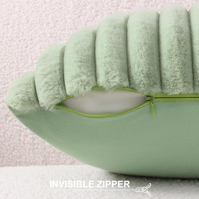 Pallene Faux Fur Plush Throw Pillow Covers 24x24 Set of 2, Luxury Soft Fluffy Striped Decorative Pillow Covers for Sofa, Couch, Living Room, Sage Green