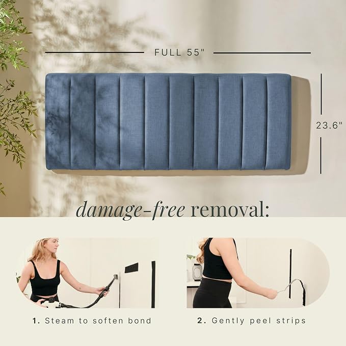 Hearth & Harbor Upholstered Full Headboard - Easy Assemble Channel Stitched Headboard Full Size - Wall Mounted Headboards with 3D Soundproof Wall Panels Peel & Stick Floating Headboards, Slate Blue