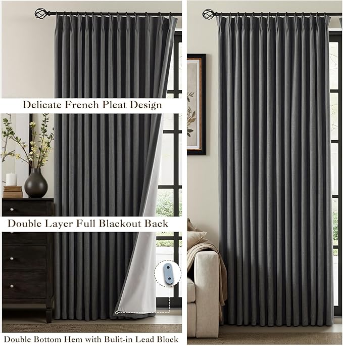 IVAPUPU Linen Pinch Pleated 100% Blackout Curtains for Bedroom - 2 Pages Black Out Grey Curtains 95 Inch Long 2 Panel for Living Room Darkening Thermal Window Curtain Drapes with 16pc Hooks