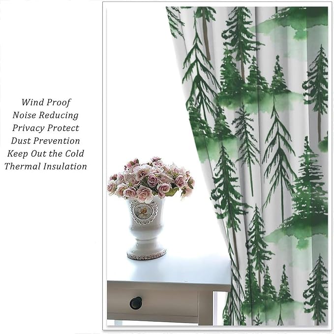 Watercolor Forest Curtains, Green Nature Cartoon Mountains Misty Forest Plants Trees Blackout Window Treatments, Thermally Insulated Drapes for Kids Boys Girls Living Room Bedroom Nursery 42x54in