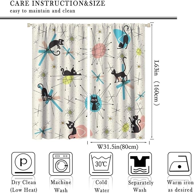 JESTRONRY Mid Century Curtains, Black Cat Atomic Stars Abstract Geometric Vintage Kitty Animal Room Darkening Door Window Rod Pocket Curtain for Living Room Bedroom 63x63in