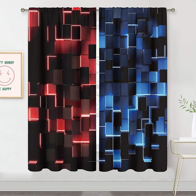 MESHELLY Red and Blue Curtains 42Wx63H Inch Rod Pocket Abstract 3D Cubes Gradient Design Cool Modern Men Boys Game Gaming Checkered Bedroom Window Drapes Aesthetic Printed Living Room Window Treatment