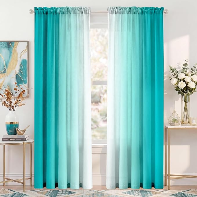 Turquoise Curtains for Living Room 84 Inch Length Teal Ombre Curtains 2 Panel Bedroom Turquoise Ombre Light Filtering Window Curtain Modern Gradient Drapes
