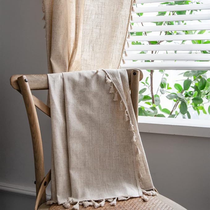 Sutuo Home Boho Curtains Natural Linen Look Textured Burlap for Bedroom, Rod Pocket Chic Semi Blackout Bohemian Handmade Tassels Window Treatment for Living Room, 1 Panel 59" W x 84" L