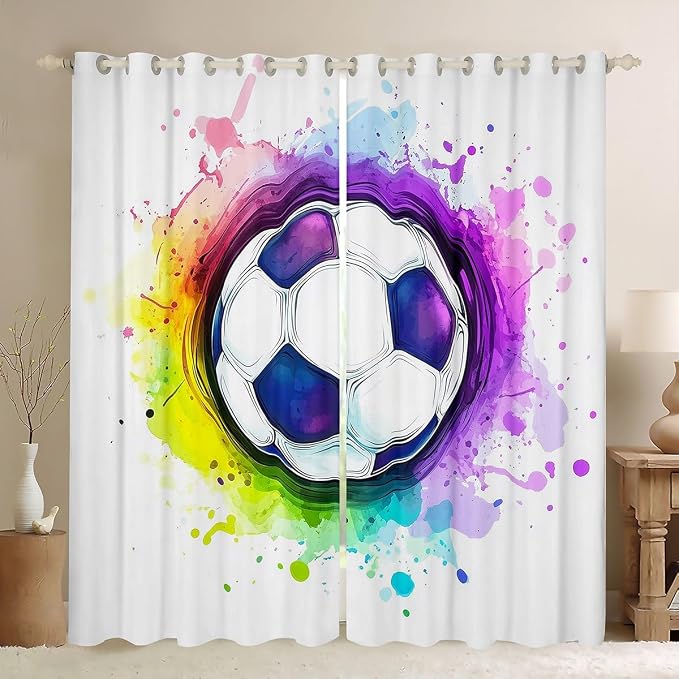 Erosebridal Teens Soccer Window Drapes, Football Print Curtains for Kids Boys Girls Sports Games Theme Window Curtain Panels Tie-Dye Watercolor Window Treatment Set for Living Room 84" X63