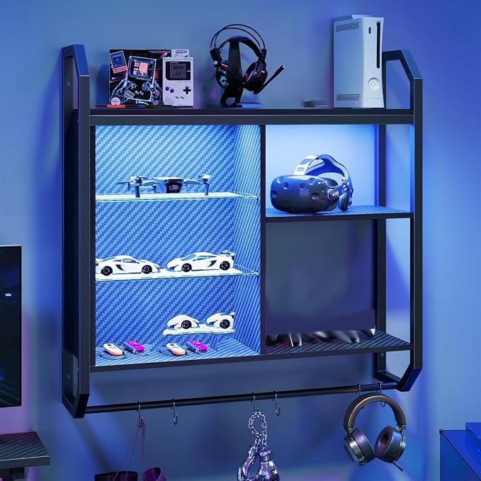 Bestier LED Gaming Floating Shelves, 34" Wall Mounted Shelf Pipe Shelves Hanging Display Rack Bookshelf with 6 S-Hook, Gaming Room Decor Wine Coffee Bar, Black Carbon Fiber