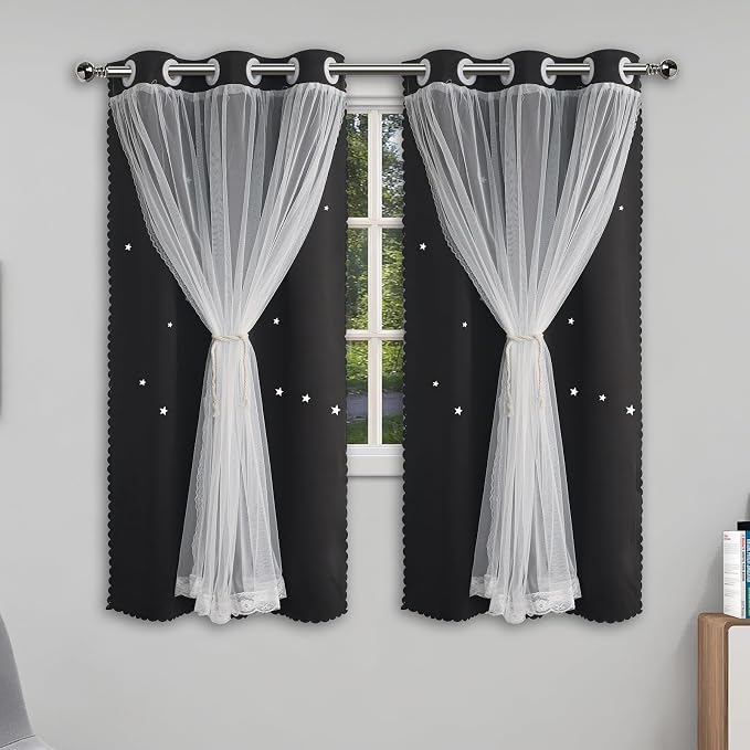 Black Curtains for Bedroom Cute Blackout Drapes 60 Inches Long Star Cutout | Double Layer Nursery Curtain White Lace Sheer Overlay 2 Panel Kids Girls Room Darkening Short Window Treatments Cortina Decor