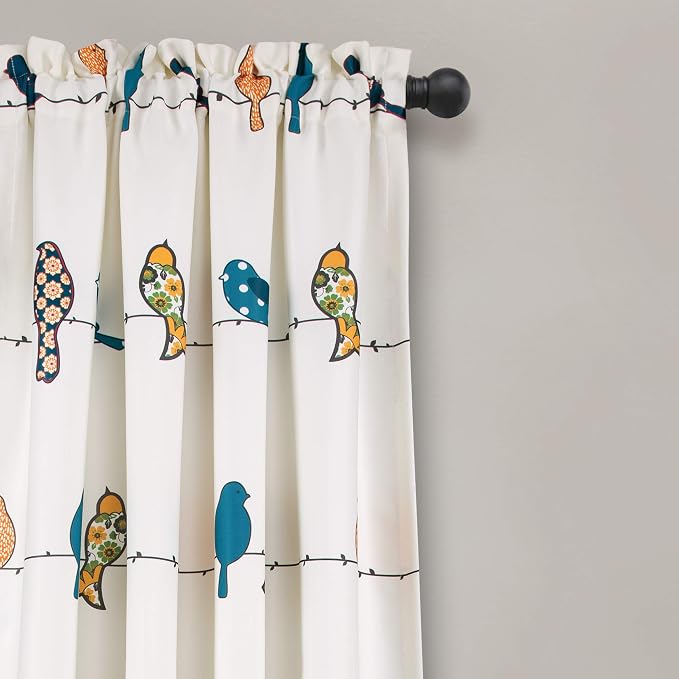 Lush Decor Rowley Birds Light Filtering Curtains 52"x95", Multi - Decorative Panels w/Colorful Floral & Whimsical Bird Print for Bedroom, Living Room or Dining Room (Pack of 8)