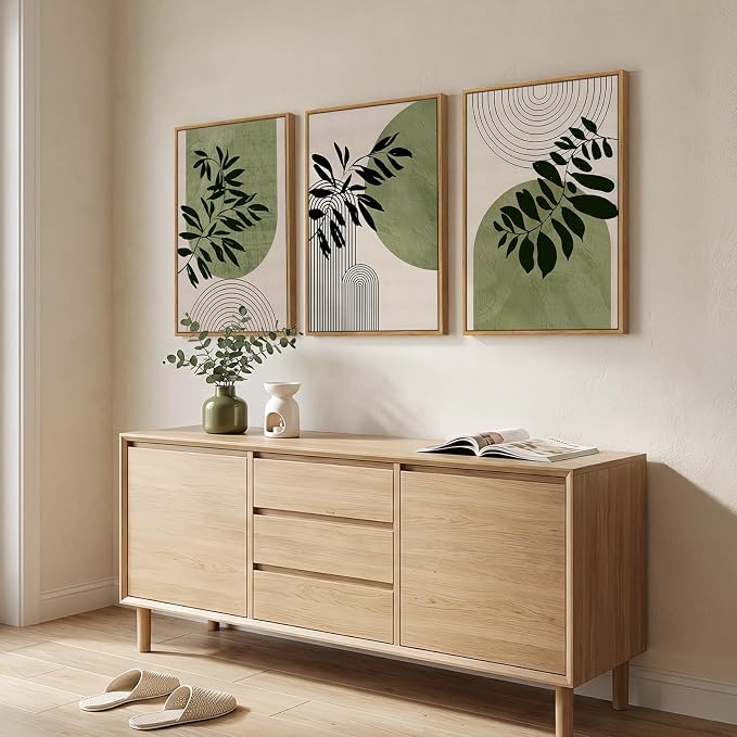 Framed Boho Botanical Wall Art for Living Room, 3 Piece Modern Green Bohemian Canvas Paintings Prints, Minimalist Geometric Boho Leaf Pictures for Bedroom Dining Room Office Wall Decor, 16x24 Inch