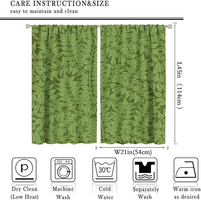 Bohemia Retro William Morris Art Blackout Window Curtains, Flowers Foliage on Green Background Curtains, for Living Room Bedroom 21(W)*45(L) 2 Panels