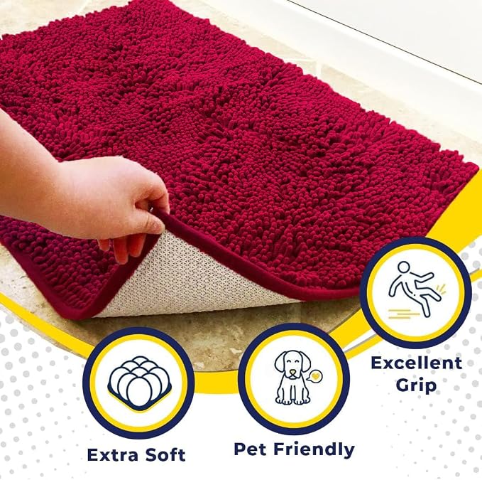 Muddy Mat® | Super Water Absorbent Door Mat Indoor, Microfiber Quick Dry Chenille Entryway Rug, Slip Resistant Front Door Mat, Indoor Mats for Entryway, Machine Washable Pet Rug, Maroon 26" x 42"