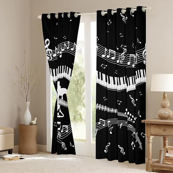 Rosebridal Guitar Curtains Piano Keys Musical Notes Window Curtains for Kids Boys Girls Teens White Black Music Theme Window Curtains Panels Rock Hip Hop Window Drapes 2 Panel 52" Wx84 L
