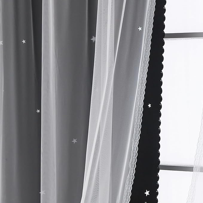 Cute Blackout Curtains for Bedroom 72 Inches Long 1 Panel with White Sheer Overlay Soft Black Double Layer Curtains Star Cutout Girls Room Darkening Nursery Drapes 72 Inch Length