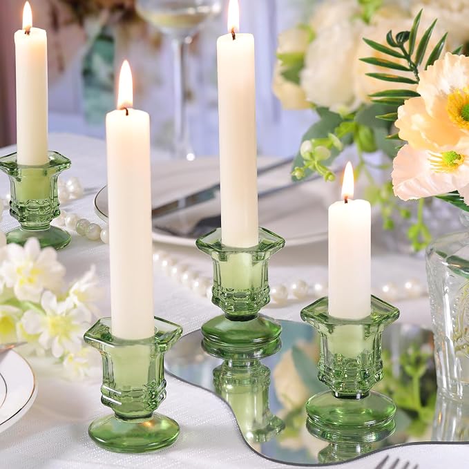Lanttu 12 Pcs Green Candlestick Holders Bulk Glass Candle Holders Set | Crystal Taper Candle Holder for Wedding, Table Centerpiece, Home Decoration