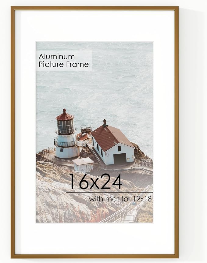 FLYJOE 16x24 Frame | 16x24 Poster Frame With Mat For 12x18 | Metal Aluminum Picture Frame With Tempered Glass | Minimalist Modern Poster Frame | Hanging Hardware Included | Bronze