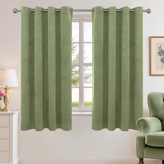 YoungsTex Sage Green Curtains 63 Inch Length for Living Room, Grommet Velvet Room Darkening Drapes Privacy for Bedroom, 2 Panels, 52 X 63 Inch