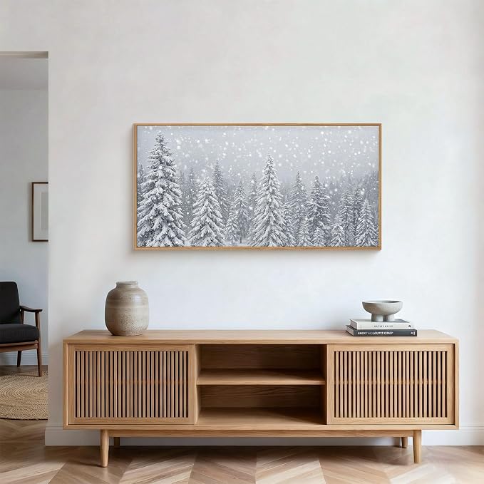 Snowy Christmas Tree Natural Woodland Framed Canvas Wall Art Set,Modern Rustic Winter Snow Covered Pine Forest Wall Decor,Wilderness Frosty Landscape Artwork for Xmas Room,Farmhouse- 40"x20"x1