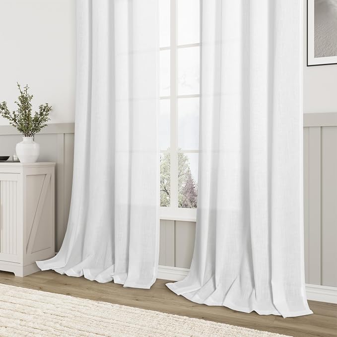Aersas White Linen Curtains for Living Room 2 Panels Back Tab Light Filtering Semi Sheer Linen Drape Neutral Country Rustic Farmhouse Boho Curtain 40x96