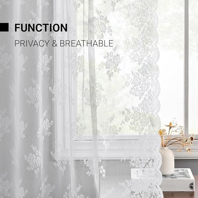 Kotile White Lace Curtains for 63 Inch Length 2 Panels, W52 x L63 Inch, Rusitc Floral Vintage Lace Sheer Curtains for Windows, Rod Pocket Privacy Light Filtering Sheer Curtain for Bedroom Dining Room