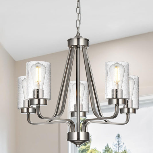 5-Lights Modern Pendant Light Fixtures, Wagon Wheel Dining Room Chandelier in Brushed Nickel, Hanging Ceiling Home Lighting for Foyer Kitchen Bedroom