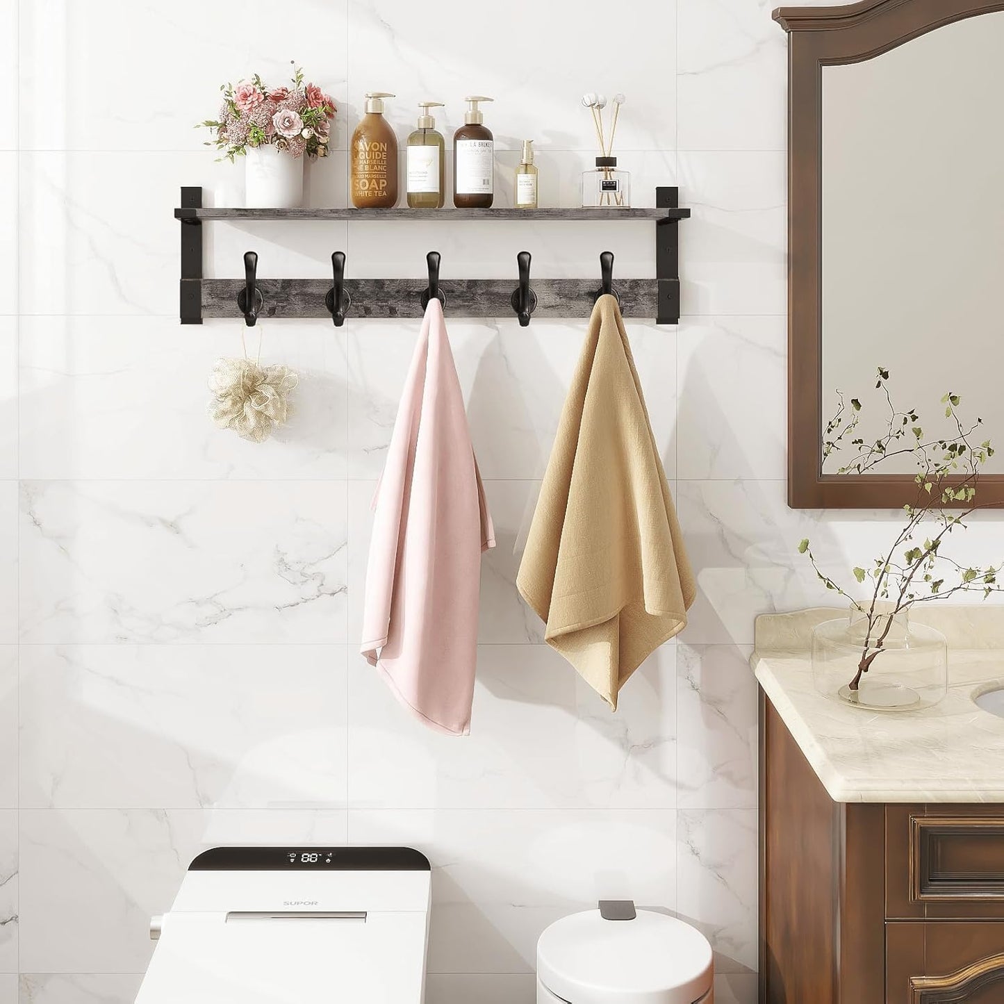 Homode Coat Rack Wall Mount with Shelf, 29 Inch Wood Wall Shelf with Hooks, Entryway Coat Hanger Wall Mount with 5 Hangers for Bathroom, Bedroom, Living Room, Grey