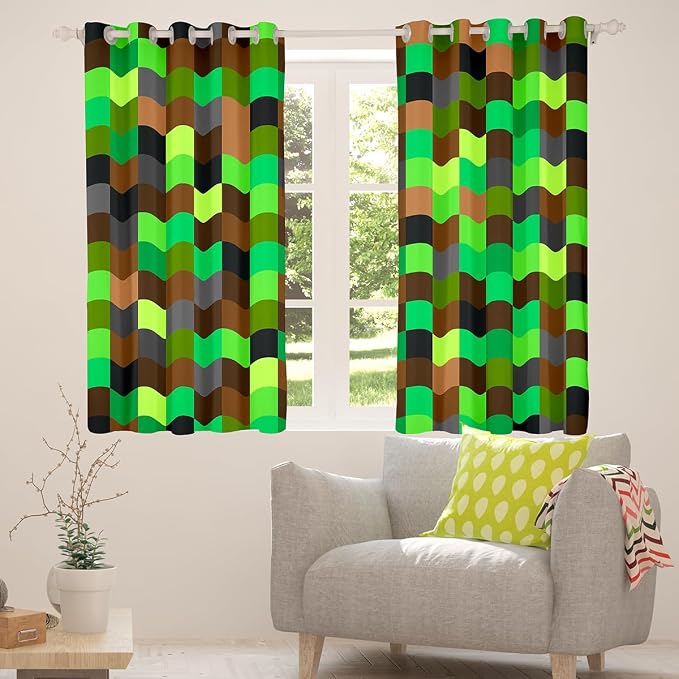 Castle Fairy Green Brown Blocks Window Curtain,Pixelated Grid Blackout Window Treatment,Teens Woman Men Miners Gaming Bedroom Curtains Build Sandbox Theme Living Room Decor Top 2 Panels,52Wx84L