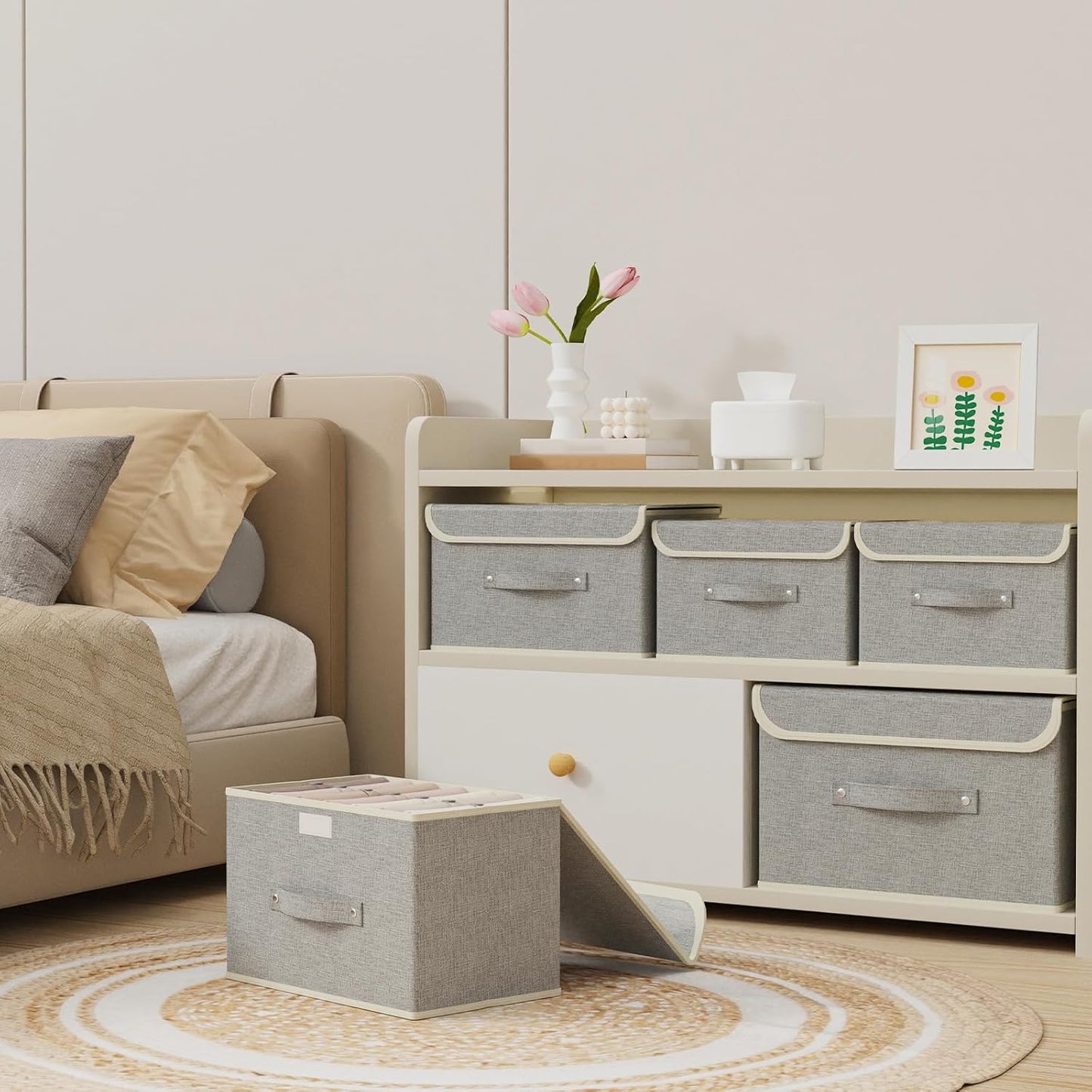 Storage Boxes, Collapsible Storage Bins with Lids, Cotton and linen cloth Storage Baskets with Handle, for Books, Closet, Bedroom, Home, 10.2x7.9x6.7 in, Grey