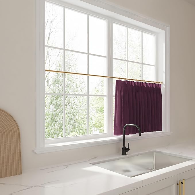 TWOPAGES 26" W x 30" L Linen Blend Cafe Curtains for Kitchen Window, Light Filtering Pinch Pleated Tier Curtains, Modern Farmhouse Half Window Curtains for Small Window, Plum, 2 Panels