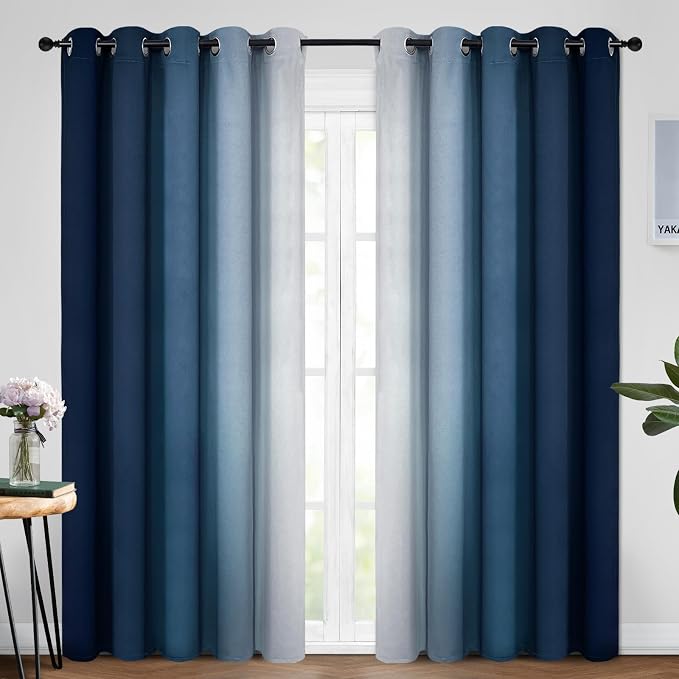Yakamok Ombre Curtains Blue and Greyish White for Living Room,62Wx96L | Room Darkening Curtains 96,Thermal Insulated Gradient Color Drape,Light Blocking Grommet Window Curtains for Bedroom,2 Panels