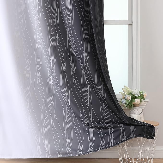 Estelar Textiler Black and Greyish White Blackout Curtains 54 Inch Length, Light Blocking Gradient Grommet Drapes for Bedroom, Thermal Insulated Ombre Curtains for Bathroom,42Wx54L,2 Panels