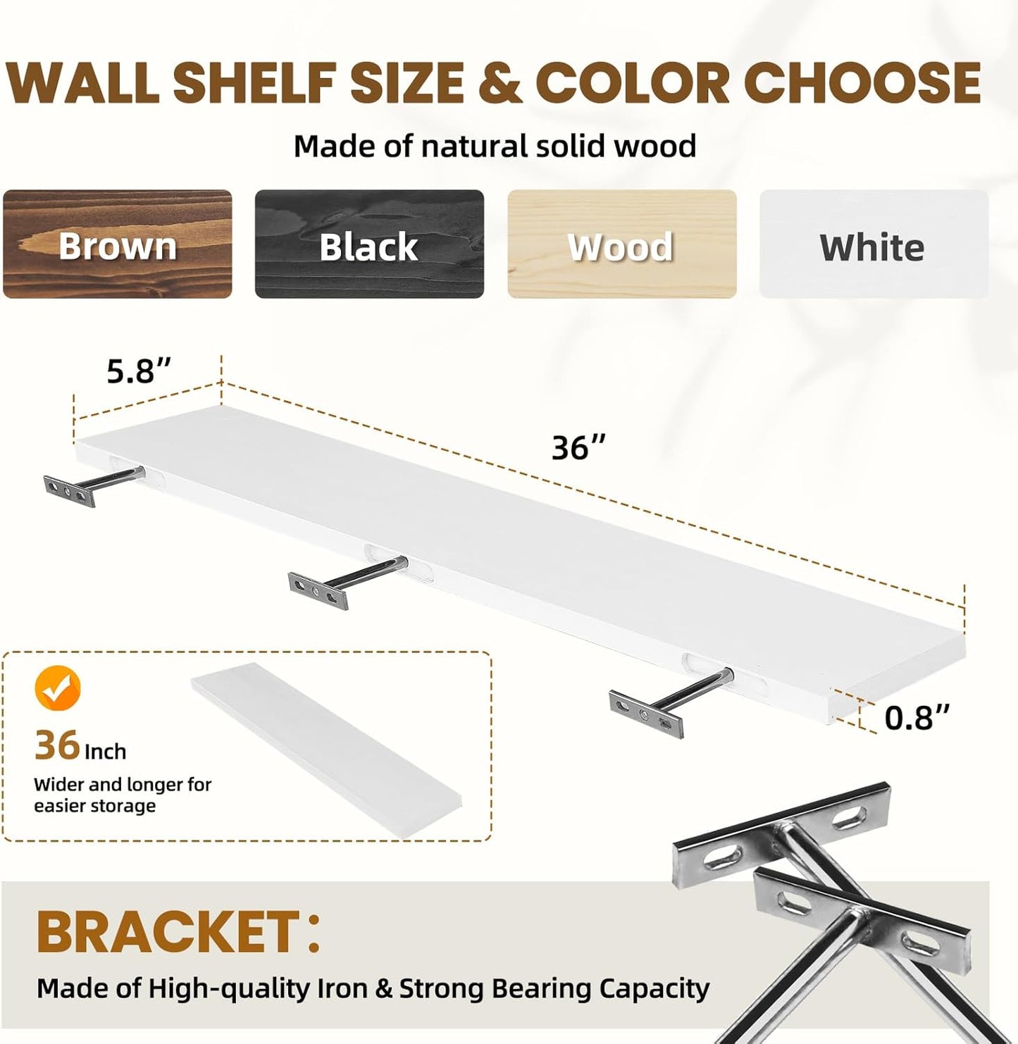 Floating Wall Shelves 2-Pack - 36-Inch Rustic White Wooden Shelves for Storage and Décor, Easy Installation for Living Room, Bedroom, and Kitchen