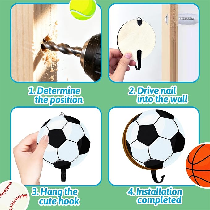 THEYGE Sports Coat Hooks for Boys Kids Bedroom Decor Basketball Baseball Football Soccer Wall Mount Decor Rack Hooks Wooden Towel Hook Key Backpack Mounted Hanger Clothes Hanging Hook Sports
