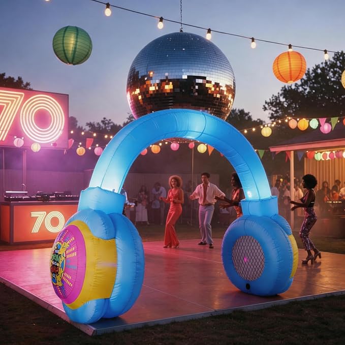 10FT Inflatable Headphones Archway LED Lights 80s 90s Party Decoration | Giant Blow Up Inflatable Arch, Perfect for Hip Hop Disco Retro Birthday Music Party. Easy Auto-Inflate & Reusable