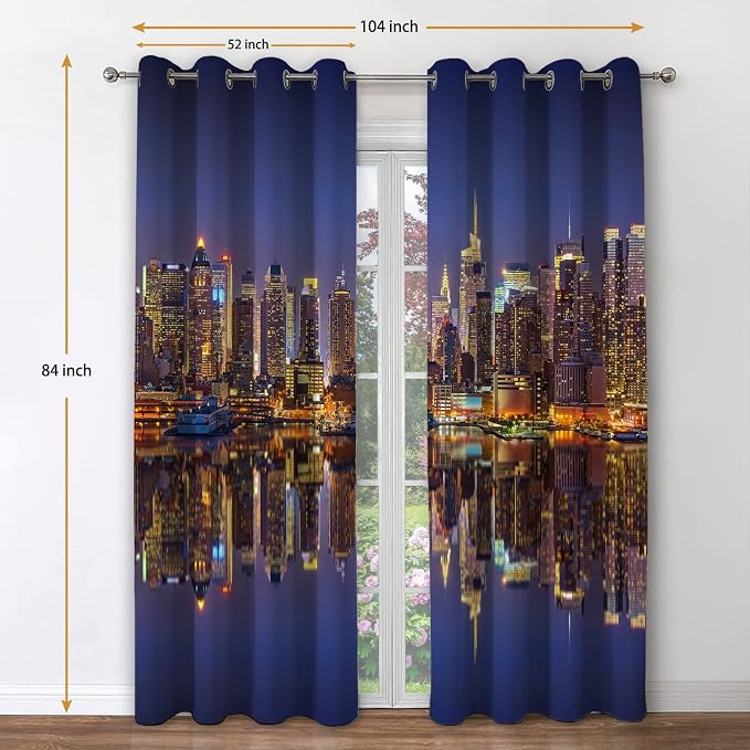 Jekeno City Landscape Blackout Curtains New York Manhattan Midnight Cityscape Ocean Reflection by The Coast Scenery Urban Decor for Bedroom Living Room Grommet Window Drapes 2 Panel Set, 52"x84"