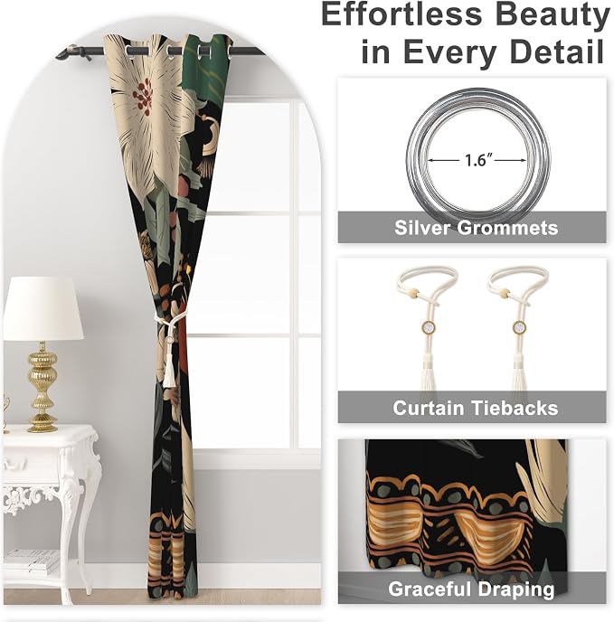 Black Boho Floral Blackout Curtains for Bedroom and Living Room, Grommet Thermal Insulated Room Darkening Curtains 84 Inch Long 2 Panels Set, Light Filtering Privacy Drapes with Curtain Tiebacks