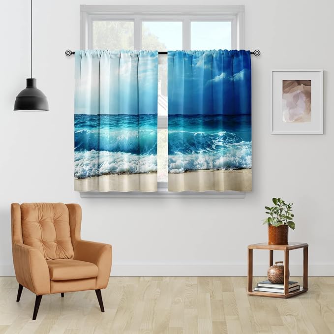 Beach Ocean Sea Kitchen Curtains - Country Short Cafe Tier Curtains Decor for Living Dining Bathroom Room Summer Seascape Hawaiian Theme Blue Waves Window Drapes 36 Inch Length 2 Panels set 28x36