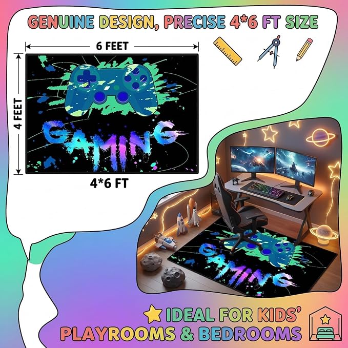 Game Controller Area Rug for Boys Large Video Gaming Carpet Children Gamer Rugs for Bedroom Boys Teen Printed Gamepad Play Carpet Decor Throw Decorate Doormats 4'x5'
