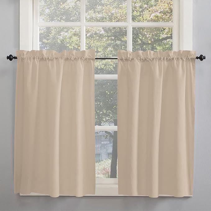 54 Inch Long Tier Curtains for Kitchen, Solid Color Light Khaki Bathroom Window Curtains Rod Pocket Short Curtains Window Treatment Tiers for Living Room Farmhouse 2 Panels
