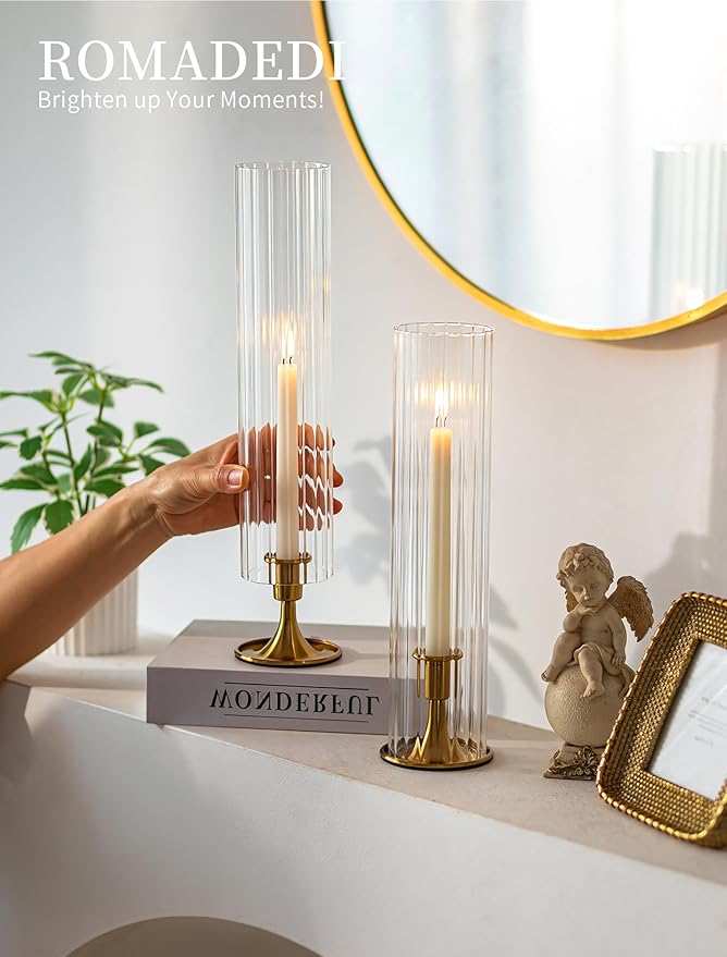 Romadedi Hurricane Glass Candle Holder: Set of 2 Gold Taper Candle Sticks Holder with Ribbed Cylinder Cover & Weighted Base for Coffee Table Centerpiece Christmas Wedding Outdoor Decor