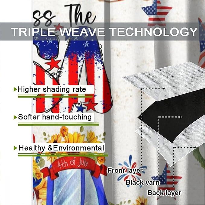 American Flag Curtains,4th of July Stars Stripe Sunflower Gnome Decor Drape for Bedroom Living Room Window Treatment 2 Panels Set Total Size 55" W X 63" L Inch