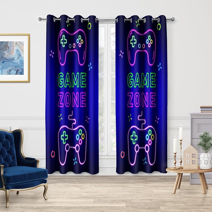 Jekeno Gaming Gamepad Blackout Curtains - Video Games Controller Neon Sign Pattern Drapes Decor Bedroom Apartment Playroom Living Room Darkening Grommet Window Treatments 2 Panels Set, 52x84 Inch
