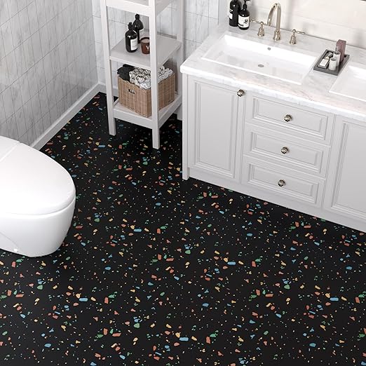 VaryPaper 20 Pack 12"x12" Colorful Black Terrazzo Floor Tiles Peel and Stick Waterproof Self Adhesive Vinyl Tile Flooring Sticky Tiles for Floor Bathroom Removable Temporary Flooring for Renters