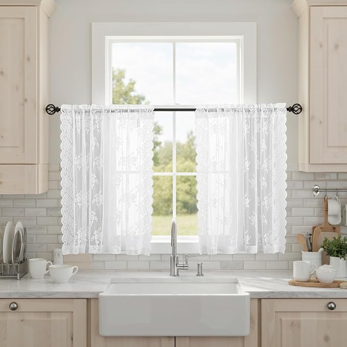 Kotile White Lace Kitchen Curtains 30 Inch Length 2 Panels Rustic Floral Retro Short Lace Curtains for Small Bathroom Windows Doors Decor, Rod Pocket Privacy Sheer Café Curtain, 42 x 30 Inch