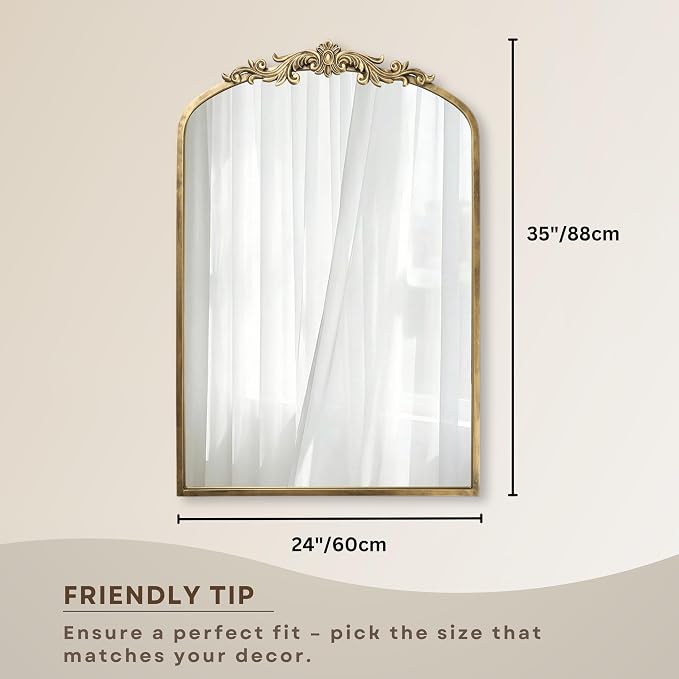 PERFNIQUE Vintage Mirror, 35" X 24" Arched Antique Baroque Wall Mirror, Gold Traditional Wall Decor, Ornate Decor Anthro Look Alike Furniture for Bathroom Living Room Fireplace Entryway Hallway