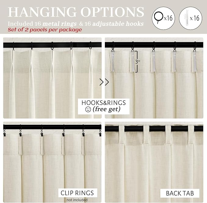 Extra Long 112 Inch Cream Pinch Pleat High Ceiling Curtains for Classroom 2 Panels Set, Memory Shape Light Filtering Privacy Flax Linen Luxury Window Curtain Semi Sheer Energy Efficient Viral Drapes