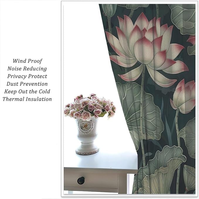 William Morris Lotus Blackout Curtains, Vintage Country Farmhouse Flowers Green Leaves Boho Window Drapes, for Living Room Bedroom 55" W X 63" L