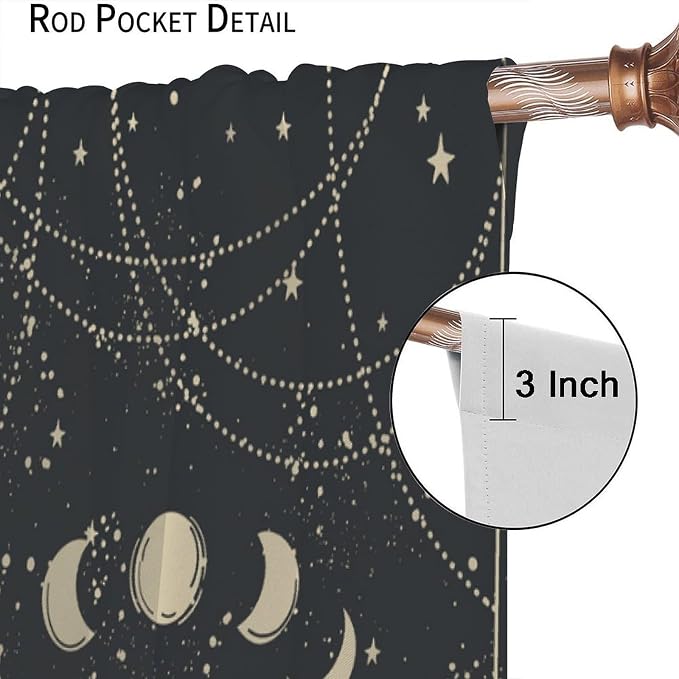 Sun Moon Blackout Curtains, Sun Moon Phases Stars Magic Bohemian Golden Mystical Window Treatment Drapes for Bedroom Living Room 42" W X 63" L